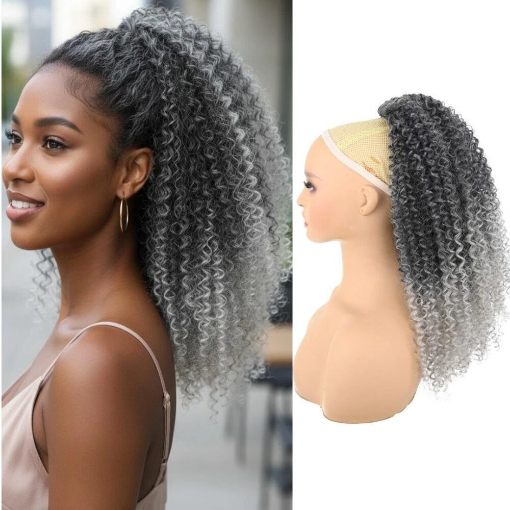 Long Curly Synthetic Ponytail Extension 22in Afro Kinky Drawstring Gray Women